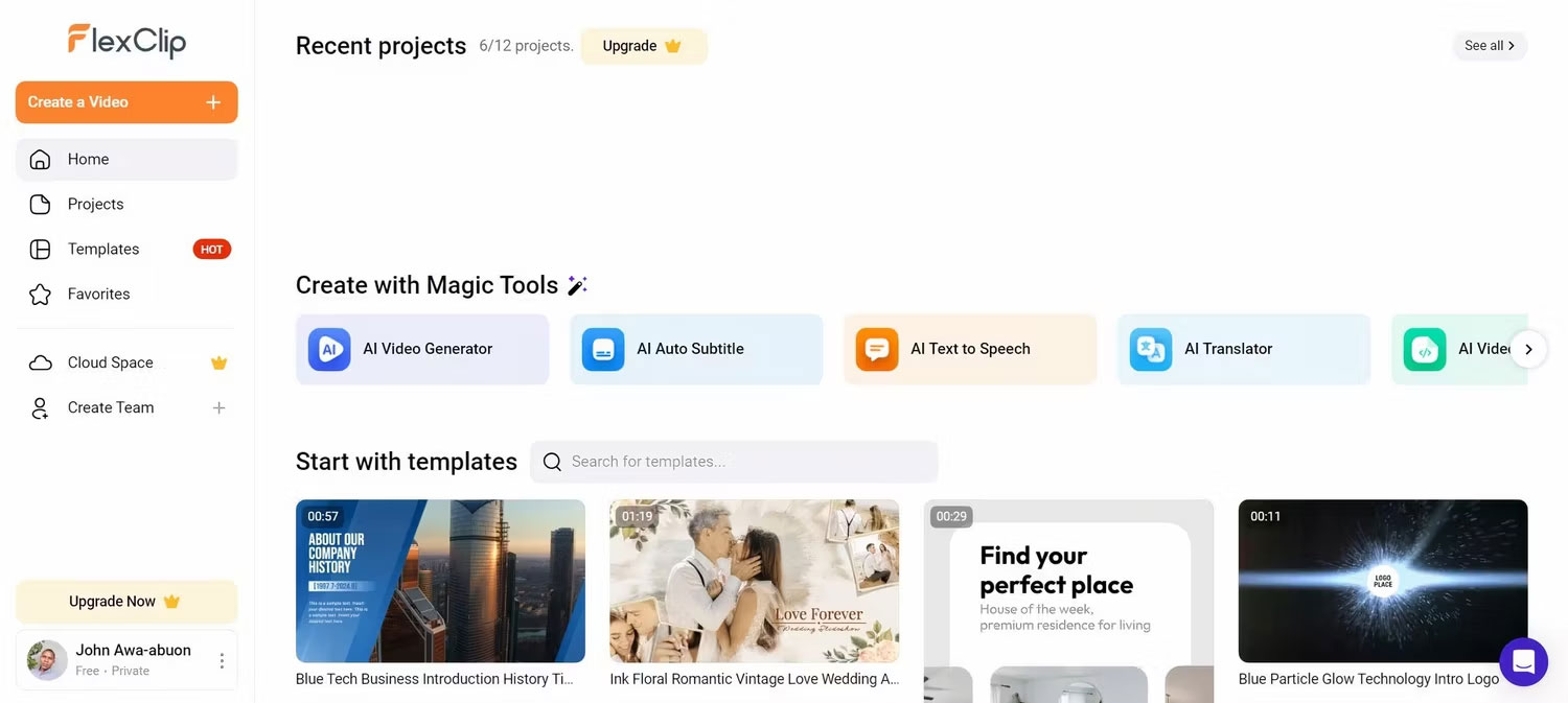Trang sau khi đăng nhập Flexclip