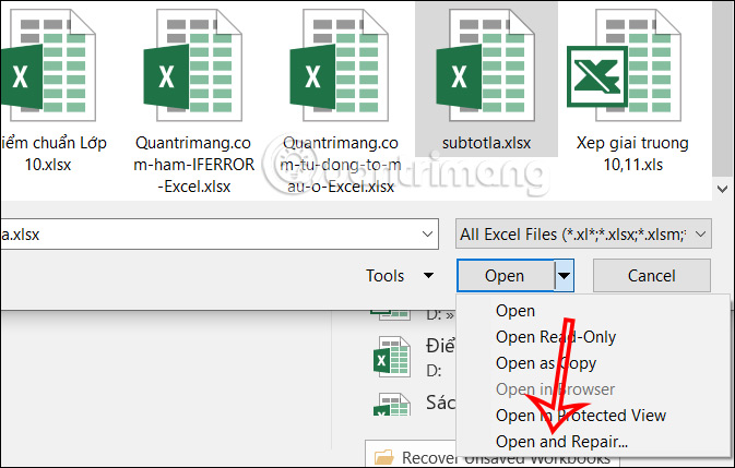 Mở file lỗi trong Excel 