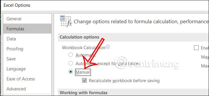 Bật tính toán thủ công trong Excel 