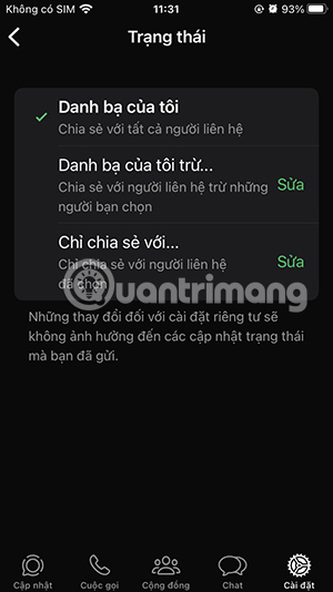 Tùy chỉnh trạng thái WhatsApp