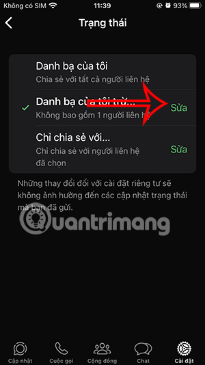 Chỉnh danh sách ẩn trạng thái WhatsApp