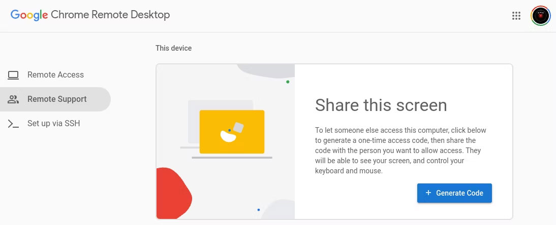 Tạo mã để chia sẻ màn hình với Chrome Remote Desktop