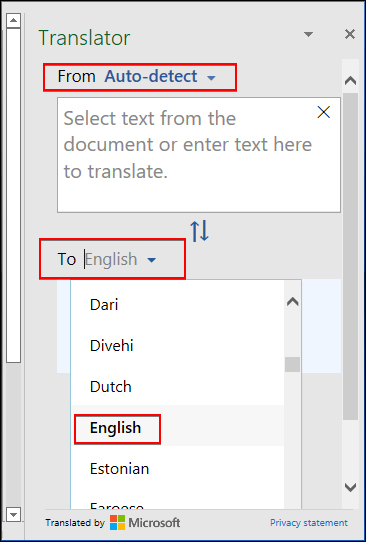 Chọn ngôn ngữ dịch trên Excel