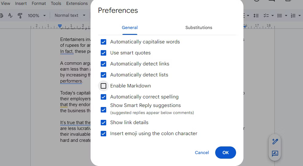 Bật Markdown trong Google Docs