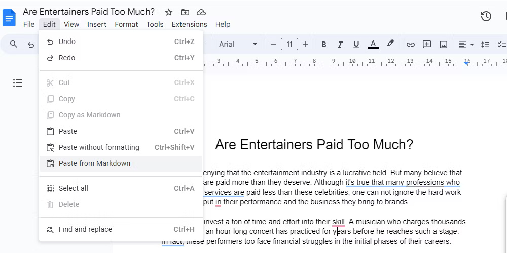 Tùy chọn Paste from Markdown của Google Docs