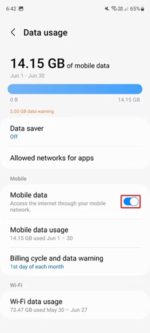 Bật tắt dữ liệu di động trên Android