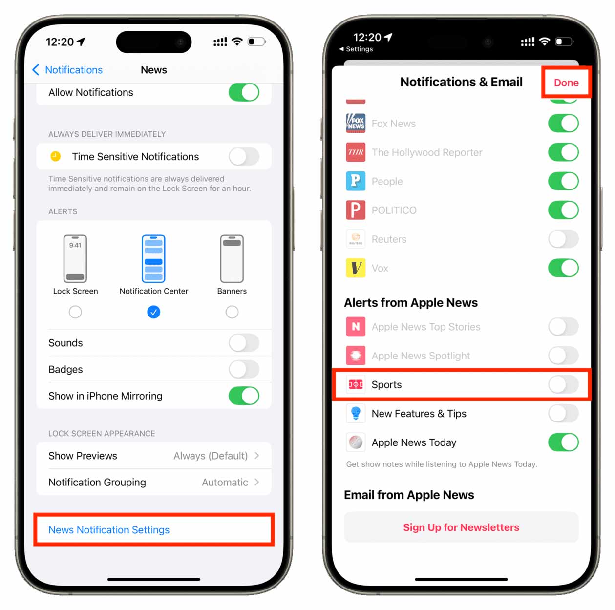 Tắt thông báo tin tin tức thể thao Apple News