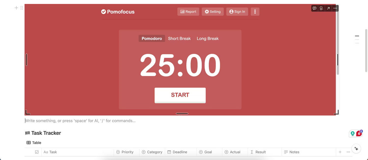 Pomodoro Timer trong template Notion