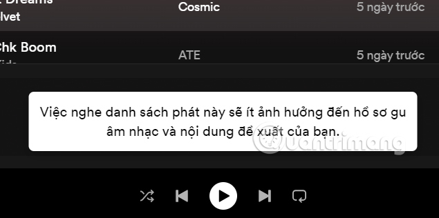 Thông báo loại danh sách phát gợi ý Spotify PC