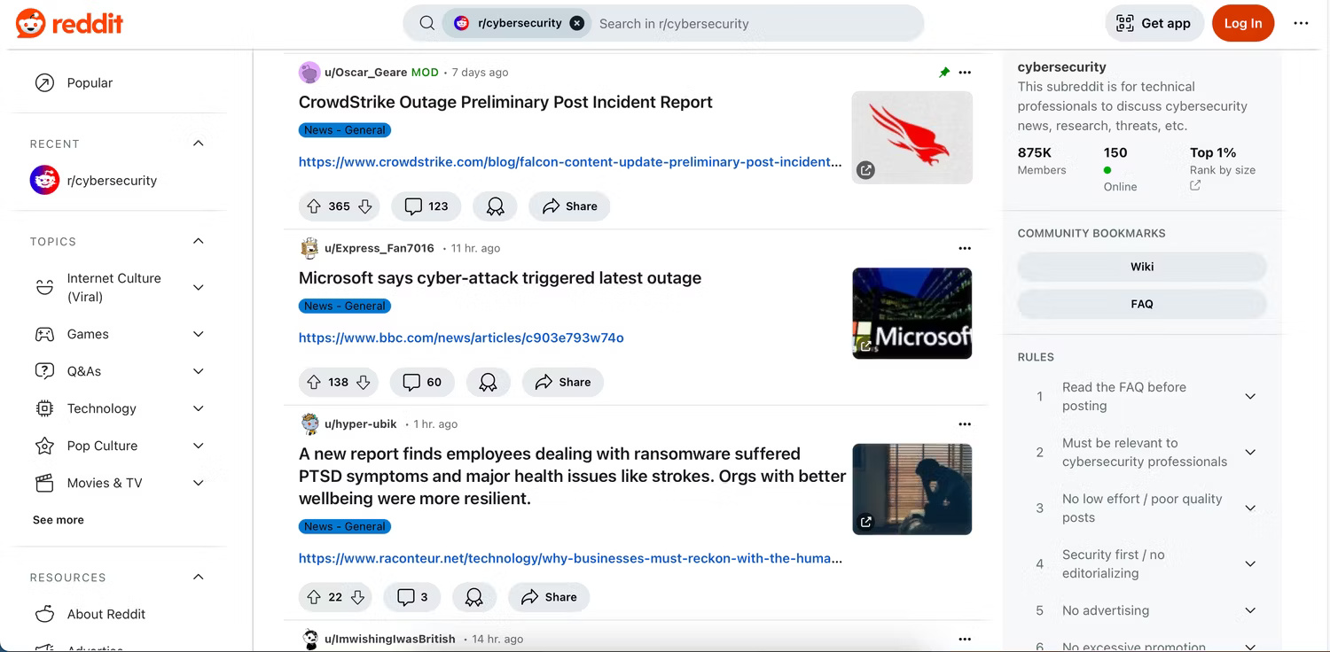 Trang subreddit r/Cybersecurity