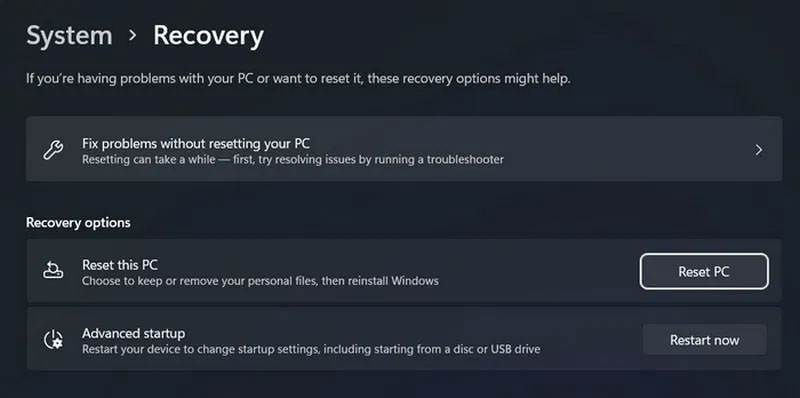 Reset PC trong Windows