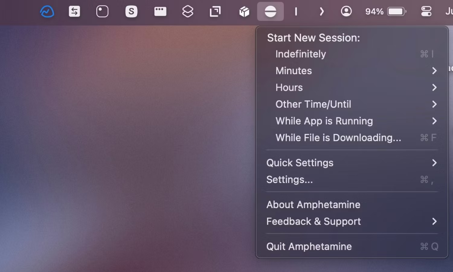 Các tùy chọn thanh menu ứng dụng Mac Amphetamine.