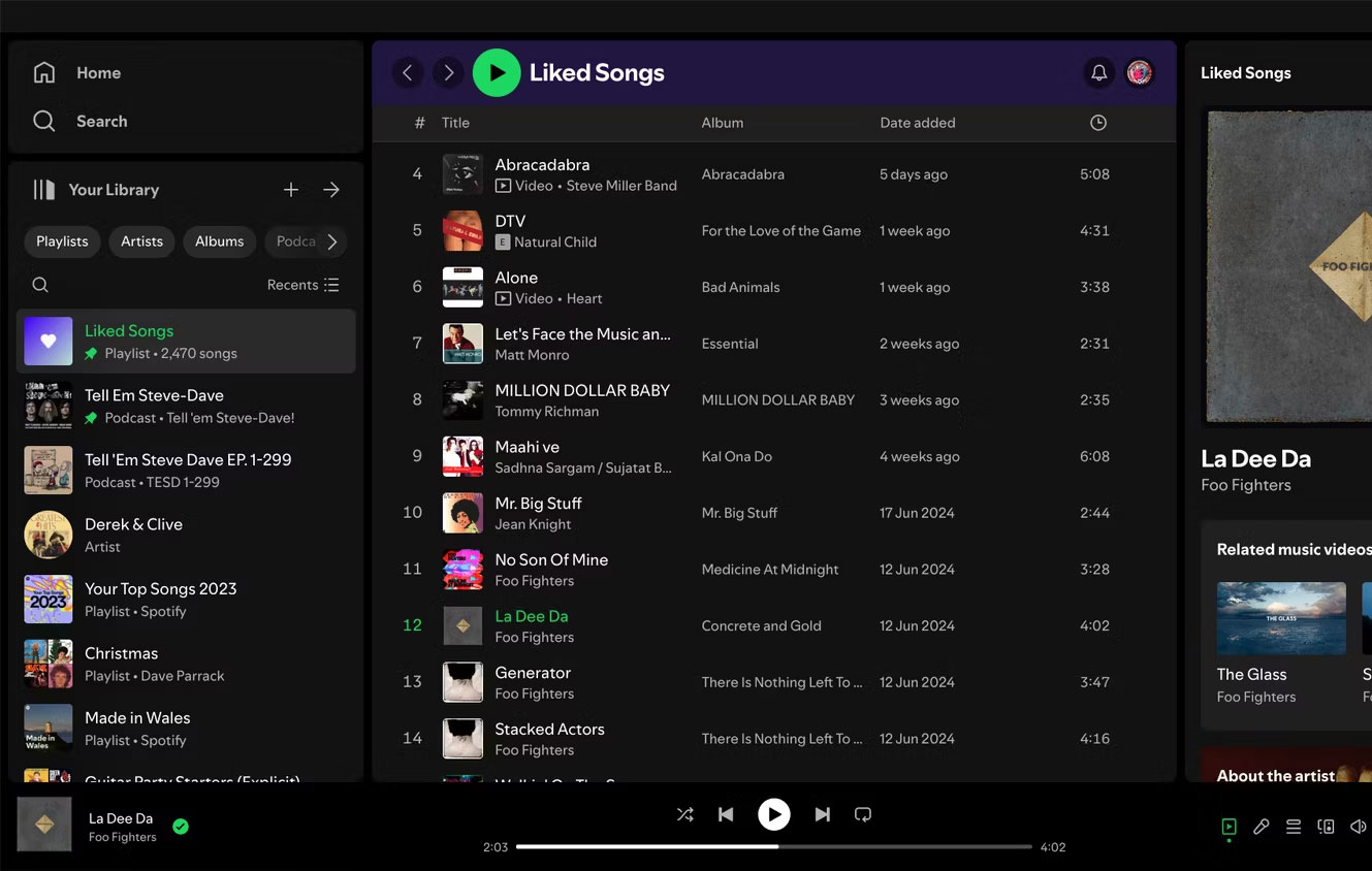 Trình phát web Spotify trên Chromebook hiển thị danh sách các bài hát được yêu thích
