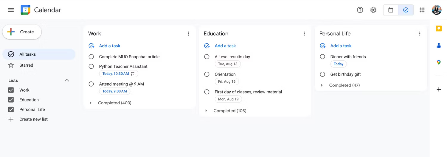 Các danh sách khác nhau trong Google Tasks