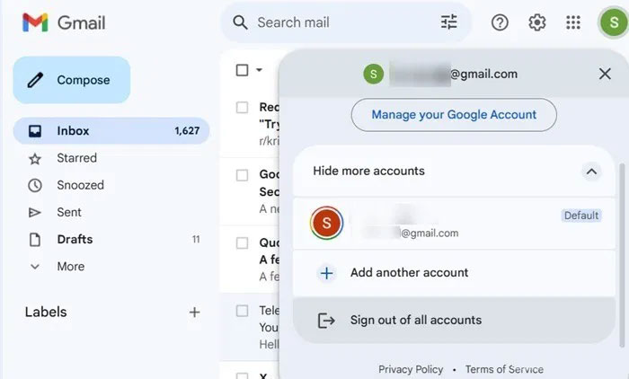 Tùy chọn Sign out of all accounts trong Gmail.