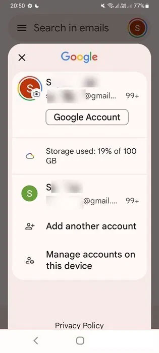 Tùy chọn Manage accounts on this device dành cho nhiều tài khoản Gmail trên Android.