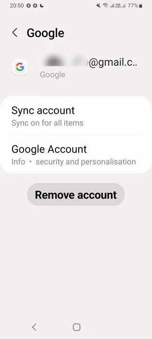 Tùy chọn Remove account trong ứng dụng Gmail trên Android.