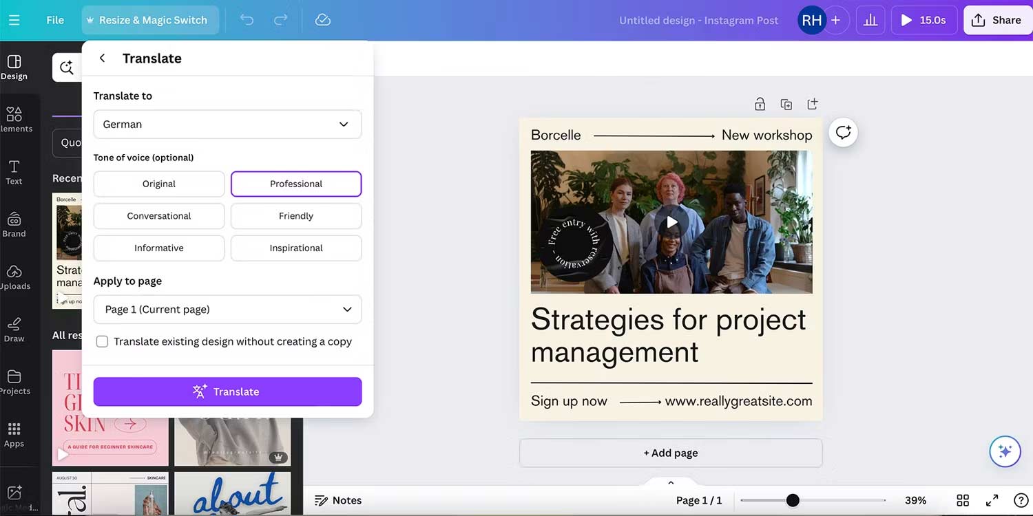 Công cụ dịch AI trên Canva 