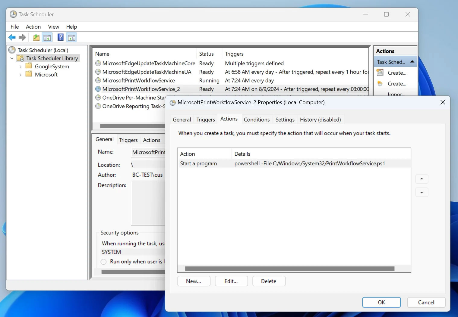 Nhiệm vụ được lên lịch để khởi chạy tập lệnh PowerShell