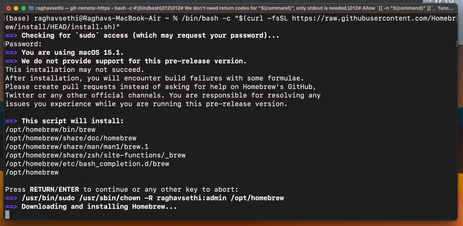 Cửa sổ Terminal macOS cài đặt Homebrew