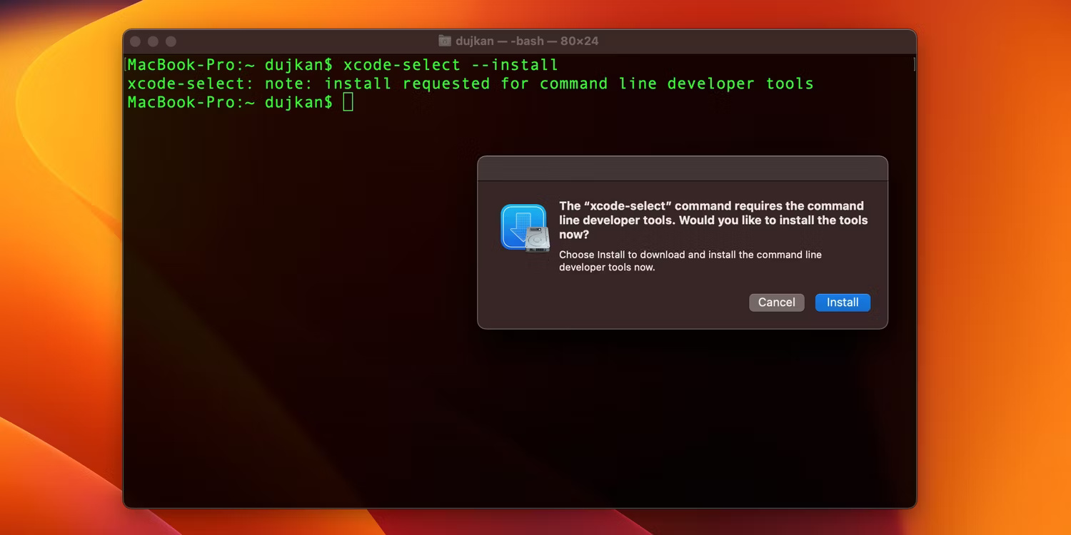 Terminal nhắc nhở tải Xcode Command Line Tools