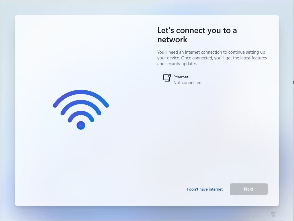 Thiết lập Windows 11 Let's connect you to a network screen với tùy chọn I don't have Internet