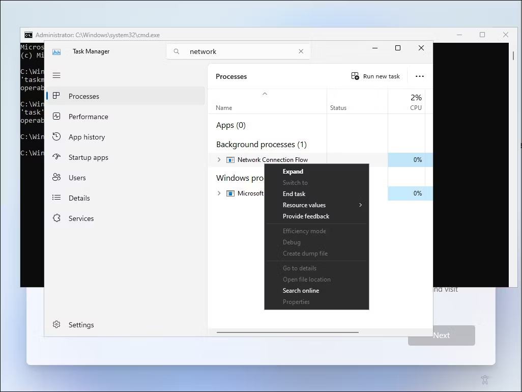 Màn hình Task Manager Windows 11 với tiến trình Network Connection Flow