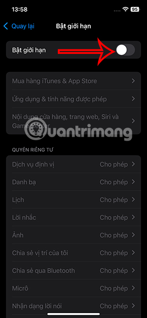 Bật giới hạn ứng dụng trên iPhone