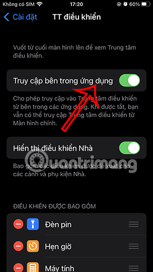 Mở Control Center trong ứng dụng