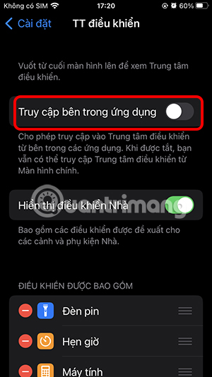 Tắt Control Center trong ứng dụng