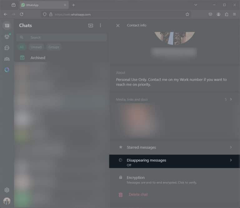 Tính năng tự hủy tin nhắn WhatsApp máy tính
