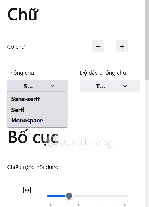 Chỉnh văn bản chế độ đọc Firefox máy tính