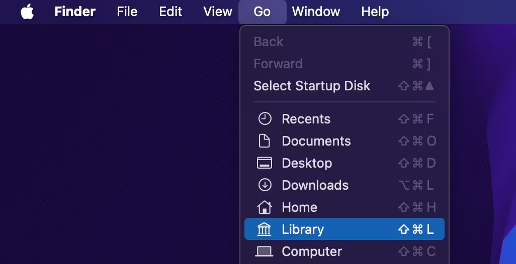 Tùy chọn Library được highlight trong menu Go trên macOS