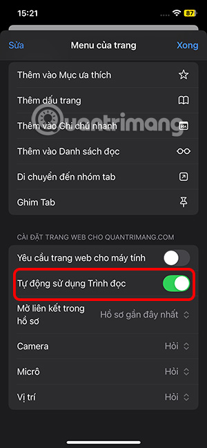Chế độ tự động đọc trên Safari