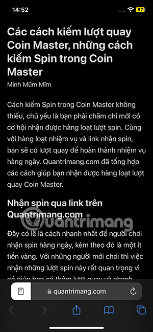 Giao diện đọc trên Safari