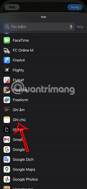 Chọn ứng dụng Ghi chú
