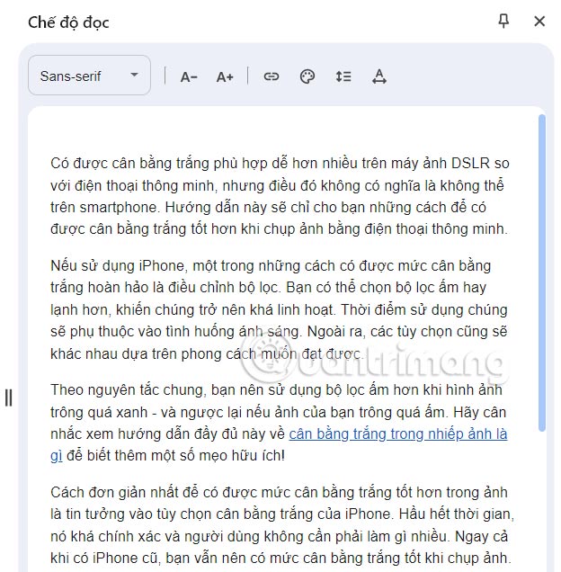 Giao diện Reading Mode trên Chrome 