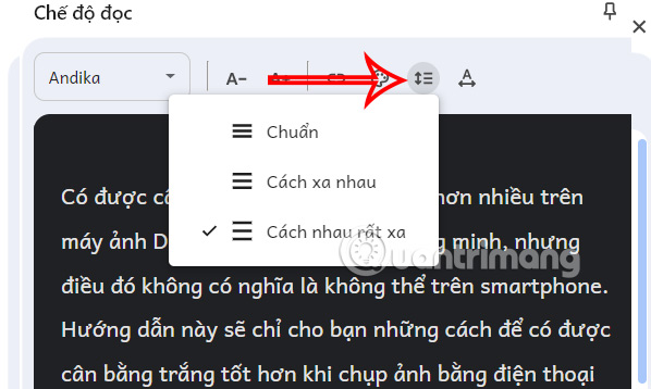 Khoảng cách dòng trong Reading Mode trên Chrome 