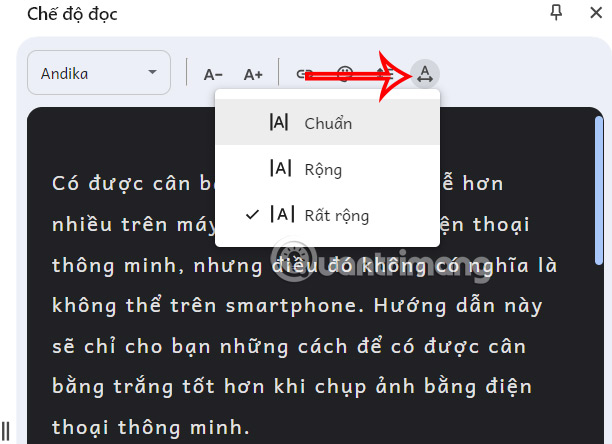 Chỉnh khoảng cách chữ trong Reading Mode trên Chrome 