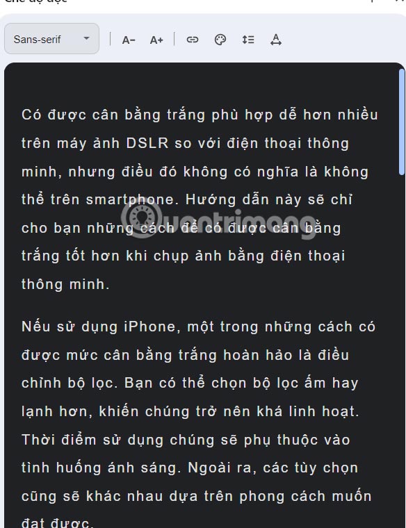 Giao diện màu đọc trang web Reading Mode