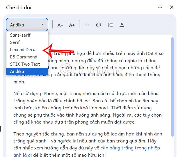 Đổi font chữ trong Reading Mode Chrome