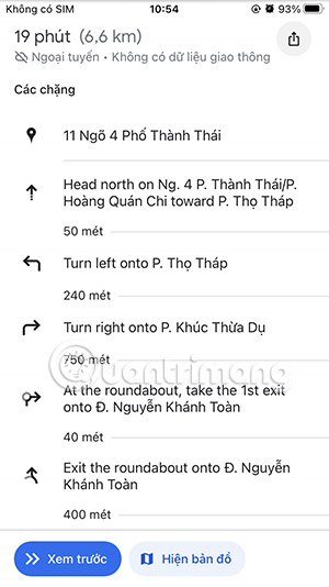 Chặng trong bản đồ ngoại tuyến Google Maps