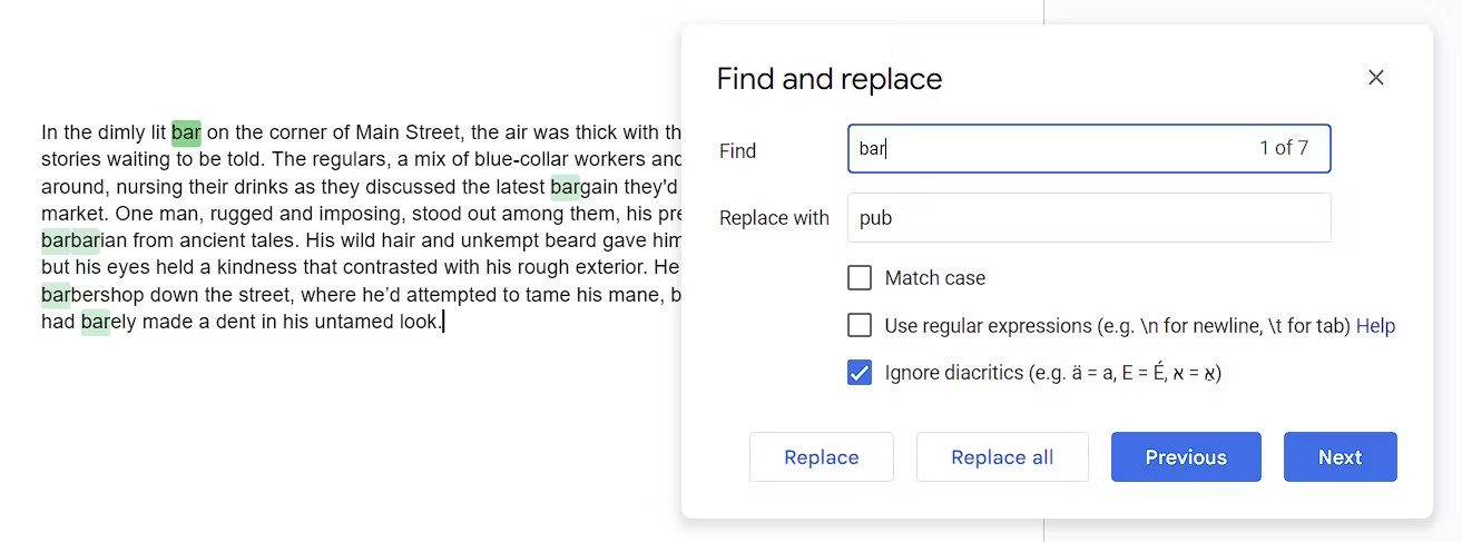 A sample text with the Find & Replace dialog box in Google Docs