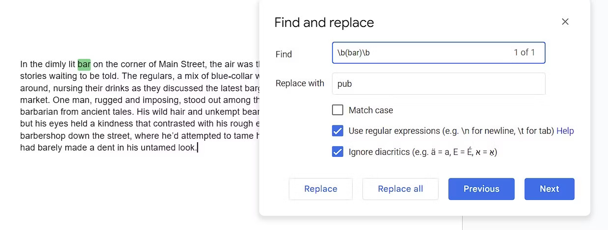 Find exact strings using RegEx Find & Replace in Google Docs