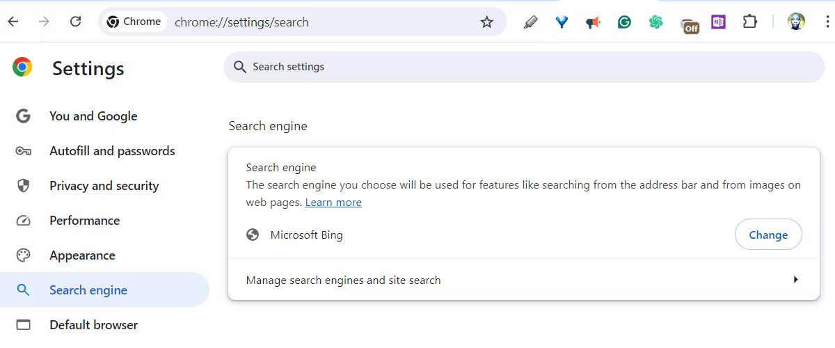 Trang Search Engine trong cài đặt của Google Chrome với Bing được đặt làm công cụ tìm kiếm mặc định.
