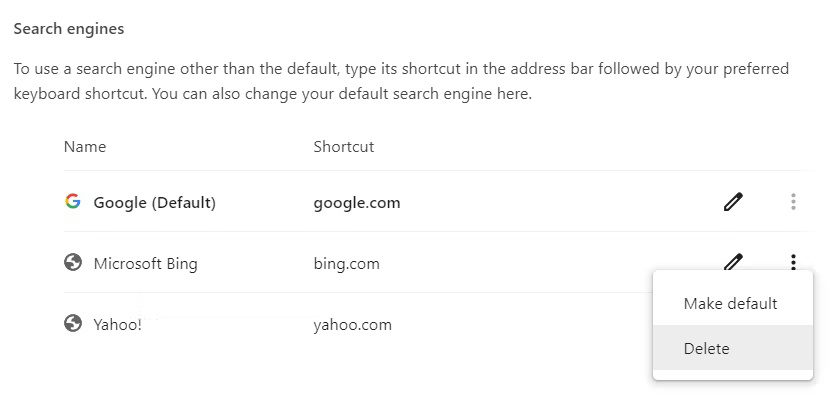 Xóa Bing khỏi danh sách công cụ tìm kiếm trong Google Chrome.