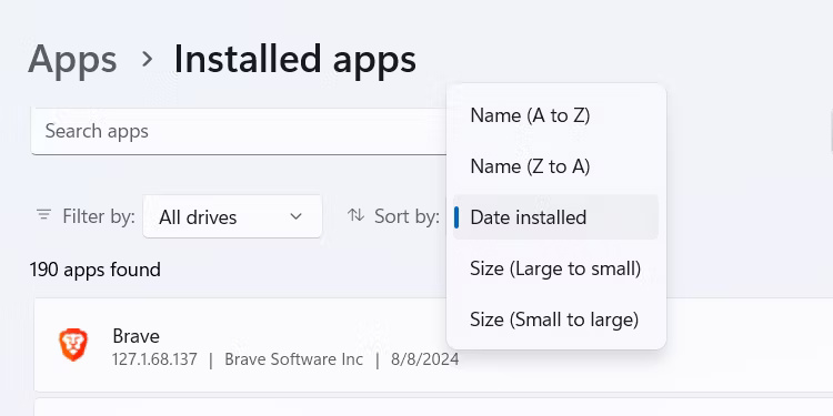 Lọc các ứng dụng đã cài đặt trong trang Installed Apps trên Windows 11.