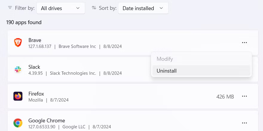 Gỡ cài đặt ứng dụng trong Windows 11 trong ứng dụng Settings