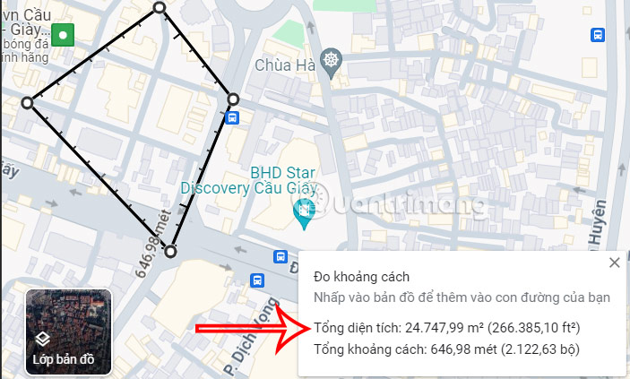 Diện tích đo trên Google Maps PC