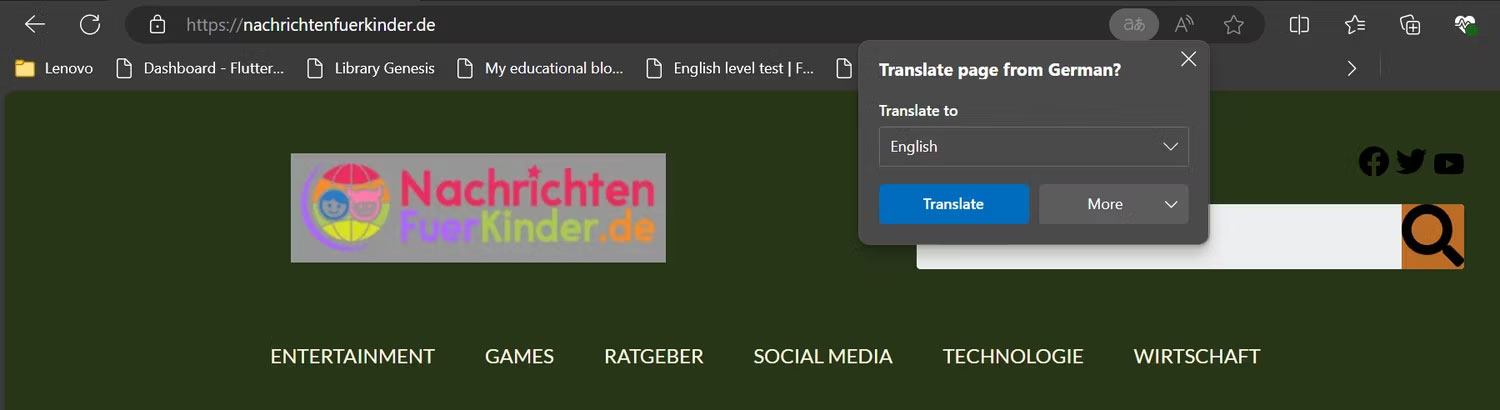 Tùy chọn dịch trên trang web tiếng Đức trong Microsoft Edge trên desktop